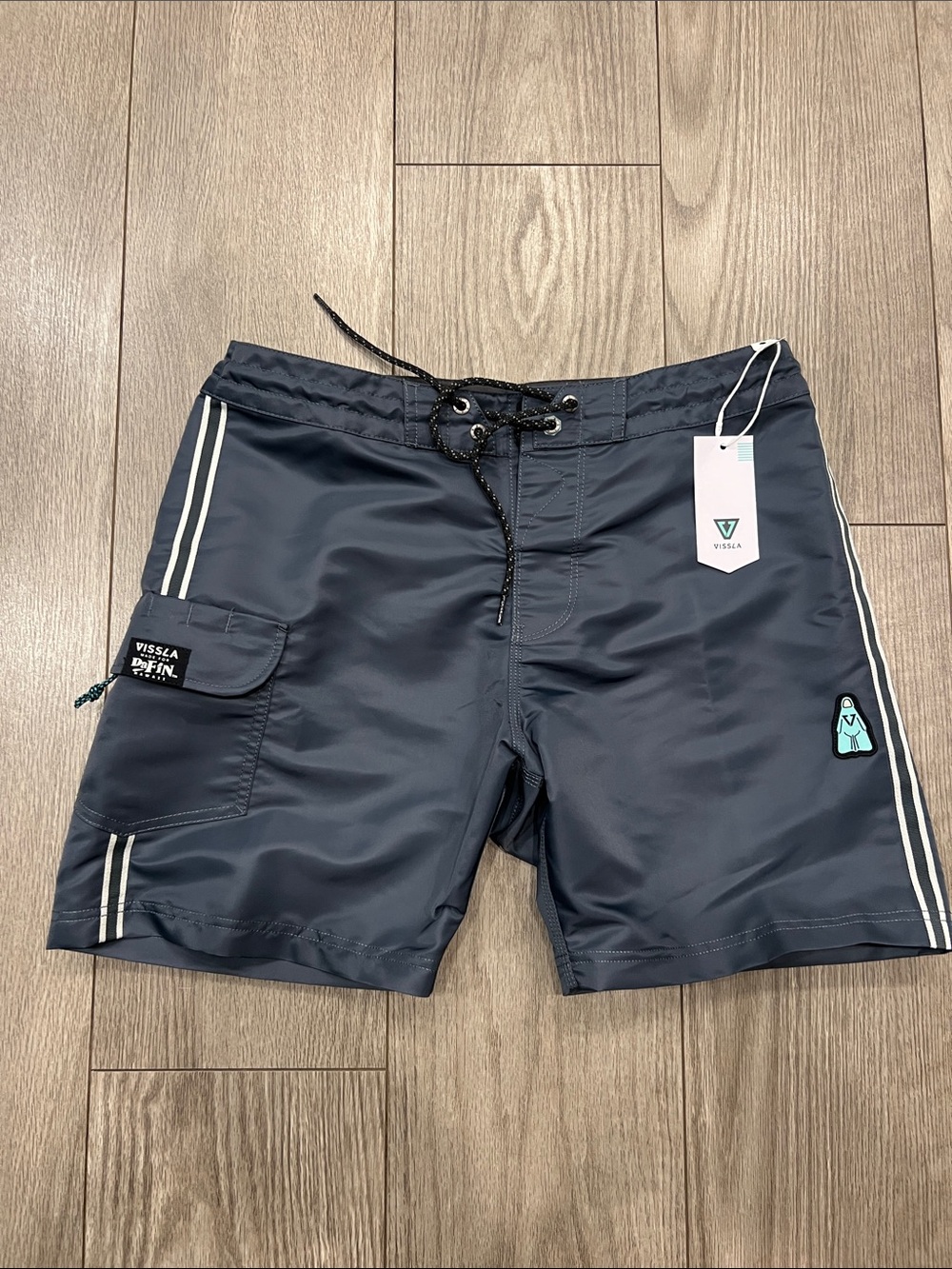 VISSLA Navy Blue Swim Board Shorts with White Stripe